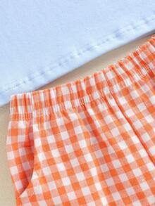 2Pcs Toddler Baby Boy Summer Clothes Infant Easter Outfits Embroidery Bunny Short Sleeve T Shirts And Gingham Shorts Sets - Blue - View 6