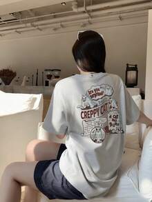 2026春夏新款女式休闲宽松印花T恤，甜美百搭圆领上衣 - 淺花灰 - 查看 2