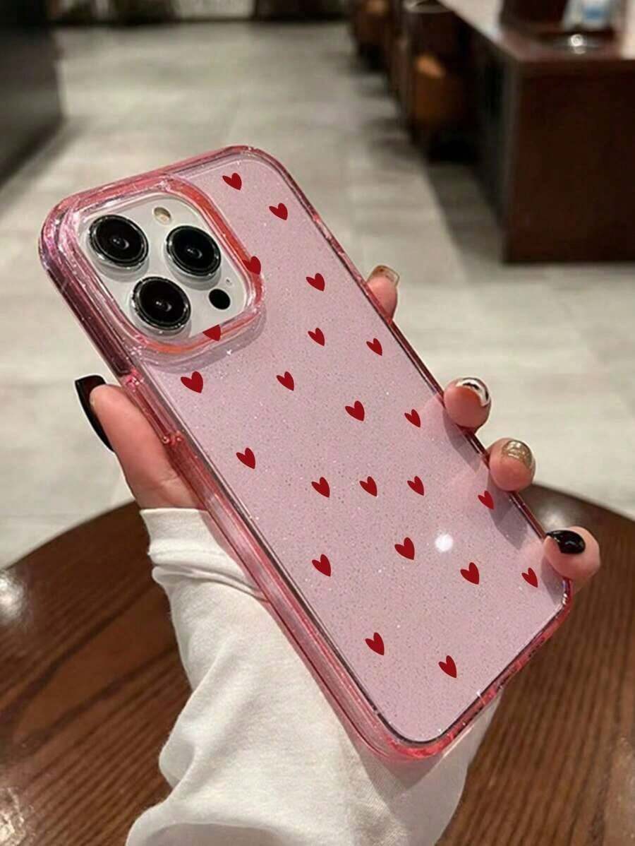 1pc Fashionable Glitter Heart Print Shiny Pink TPU Phone Case Compatible With IPhone 17/17 Pro/17 Pro Max/Air/7/8/7 Plus/8 Plus/X/XS/XR/XS Max/11/11 Pro/11 Pro Max/12/12 Pro/12 Pro Max/13/13 Pro/13 Pro Max/14/14 Pro/14 Plus/14 Pro Max/15/15 Pro/15 Plus/15 Pro Max/16/16 Pro/16 Plus/16 Pro Max - Hồng 2 - Xem 1