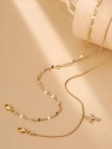 2pcs Rantai Bibir Elegan Tembaga Faith, Set Gelang Kaki Salib Zirkonia Tembaga untuk Wanita, Musim Panas Pantai - Yellow Gold - View 3