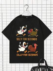Herrmode, tryckt casual t-shirt med grafiskt tryck, Silly For Seconds Ducks, bekvämt och mångsidigt tryck, bokstavsmönster, ren bomull 220 g tryckt t-shirt, unisexmodell, svart - perfekt Thanksgiving, jul och nyår. Herrt-shirt i ren bomull, enkel styling, visa upp din unika stil. - Svart - Visa 1