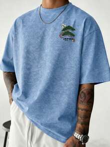 Zrgoth Men's Casual Versatile Minimalist Japanese Crane Print Retro Washed Short Sleeve T-Shirt - Baby Blue - View 2