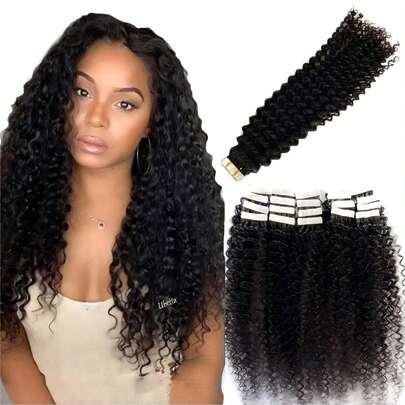 卷曲度自然卷真人发接发片，黑色，双面胶带式，50克