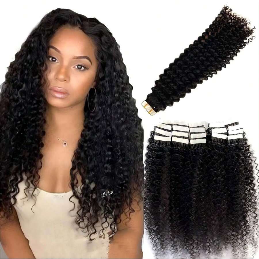 卷曲度自然卷真人发接发片，黑色，双面胶带式，50克