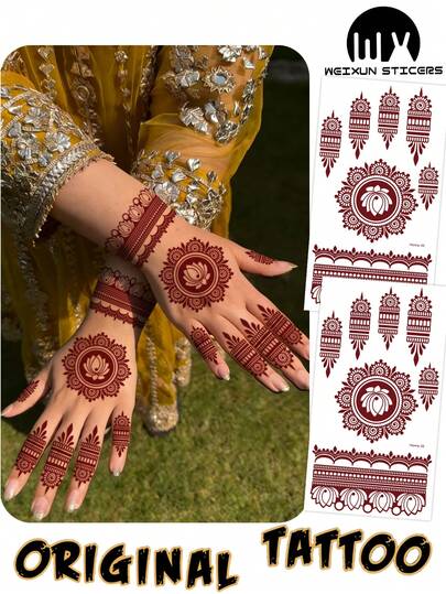 2pcs Floral Design Brown, Red, Burgundy Sexy Toe & Hand Temporary Tattoo Stickers, Suitable For Women, Henna Inspired Flower Print Waterproof Tattoo Stickers, Brown Tattoo Stickers For Body Art, Wedding Party