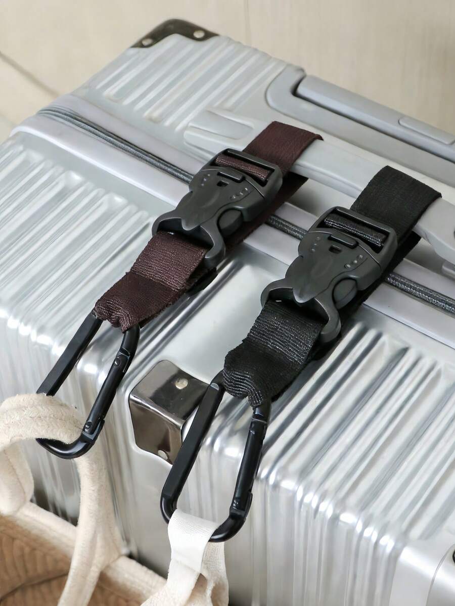Alça ajustável para bagagem de viagem com ganchos, suporte portátil para bagagem, fivela anti-perda, cinto de fixação para bagagem, fivela removível, gancho lateral para pendurar bagagem, prático para viagens, carro, camping e material escolar.