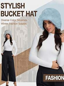 Sombrero de cubo de piel sintética para mujer, sombrero de cubo ancho y ajustable de pelo largo y esponjoso, sombrero de moda de invierno - Multicolor-B - Ver 9