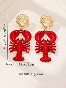2pcs Ocean Life Series Red Enamel Lobster & Shell Metal Earrings, Women's Dangle Earrings Suitable For Vacation, Outing, Personalized, European And American Style, Unique Earrings - Red - View 2