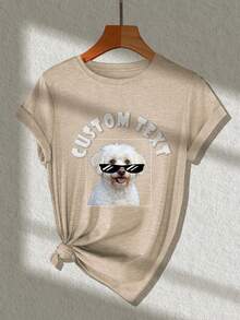 Customized Women's T-Shirt, Cotton Short Sleeve, Women's Sportswear, Input Your Text, Slogan, Blessing, Upload Your Own Photo (Partner Photo/Boyfriend Photo/Girlfriend Photo, Pet Photo, Group Photo) To Design Your Personalized Printed T-Shirt - Khaki - View 1