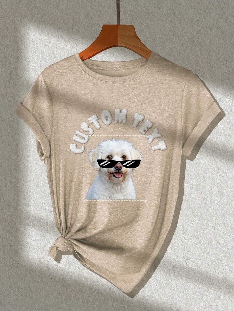Customized Women's T-Shirt, Cotton Short Sleeve, Women's Sportswear, Input Your Text, Slogan, Blessing, Upload Your Own Photo (Partner Photo/Boyfriend Photo/Girlfriend Photo, Pet Photo, Group Photo) To Design Your Personalized Printed T-Shirt - Khaki - View 1