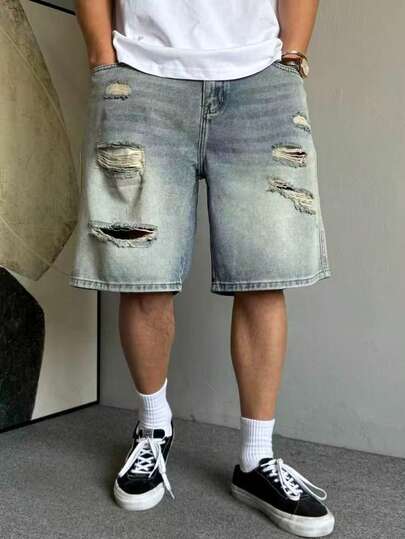Jeans de mezclilla desgastados y lavados con efecto vintage para hombres, verano