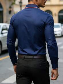 Men's Golf Polo Shirt, Fashion Business Casual Printed Short Sleeve Polo With Button Design - Navy Blue - View 2