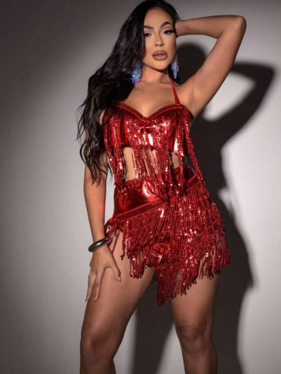 Women's Sequin Carnival Set – Fringe Top + Tie Skirt – Sexy Costume For Casual Elegant Party With Fringe And Knot - 紅色 - 查看 1