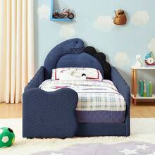 YOGLAD Twin Size Dinosaur Shaped Upholstered Bed Frame, 3D Dinosaur Headboard Platform Bed With Padded Guardrails, Bouclé Fabric Floor Bed, Solid Wood Slats And Reinforced Metal Frame, Space Saving Bed For Small Bedroom, Apartment, Modern Home Decor - 藏蓝色 - 查看 5