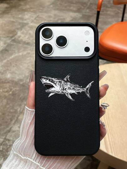 Shark Pattern Black Faux Leather Texture Phone Case, Matte TPU Anti-Slip Anti-Fingerprint Streetwear Style Phone Case, Suitable For Outfits, Outdoor Enthusiasts, Daily Use, Ocean Adventure Lovers, Compatible With Apple &