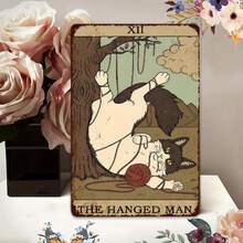 Hanged Cat Tarot Card Tin Sign - Upside Down Cat With Yarn - Funny Cat Lover Art - Unique Metal Wall Decor Gift For Men Women - 1PC - 查看 1