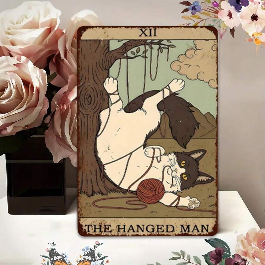 Hanged Cat Tarot Card Tin Sign - Upside Down Cat With Yarn - Funny Cat Lover Art - Unique Metal Wall Decor Gift For Men Women - 1PC - 查看 1