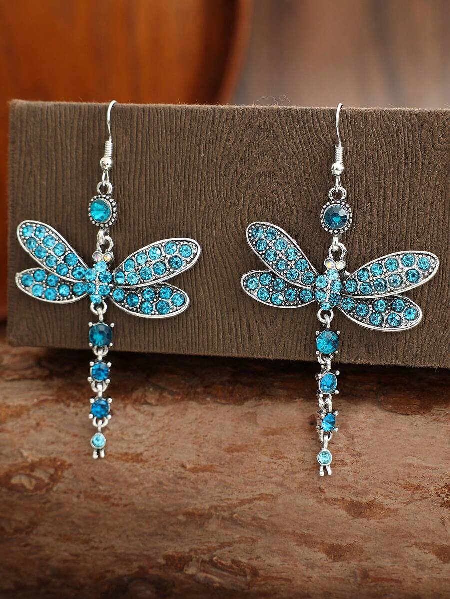 2 chiếc hoa tai dài hình bướm cổ điển, hoa tai chuồn chuồn côn trùng, hoa tai mặt dây chuyền hình chuồn chuồn động vật độc đáo dành cho phụ nữ - Màu xanh lam - Xem 1