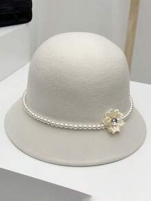 Shiny Polyester Pearl Flower Wool Bucket Hat, Elegant French Retro Small Basin Hat, Suitable For Autumn/Winter, Graceful Elegant Lady Gift - Multicolor - View 4