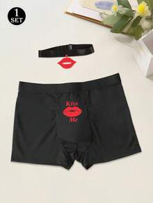 Men's Black Lip Print Briefs, Elastic Comfortable Everyday Underwear, Paired With Necklace - Black - View 1