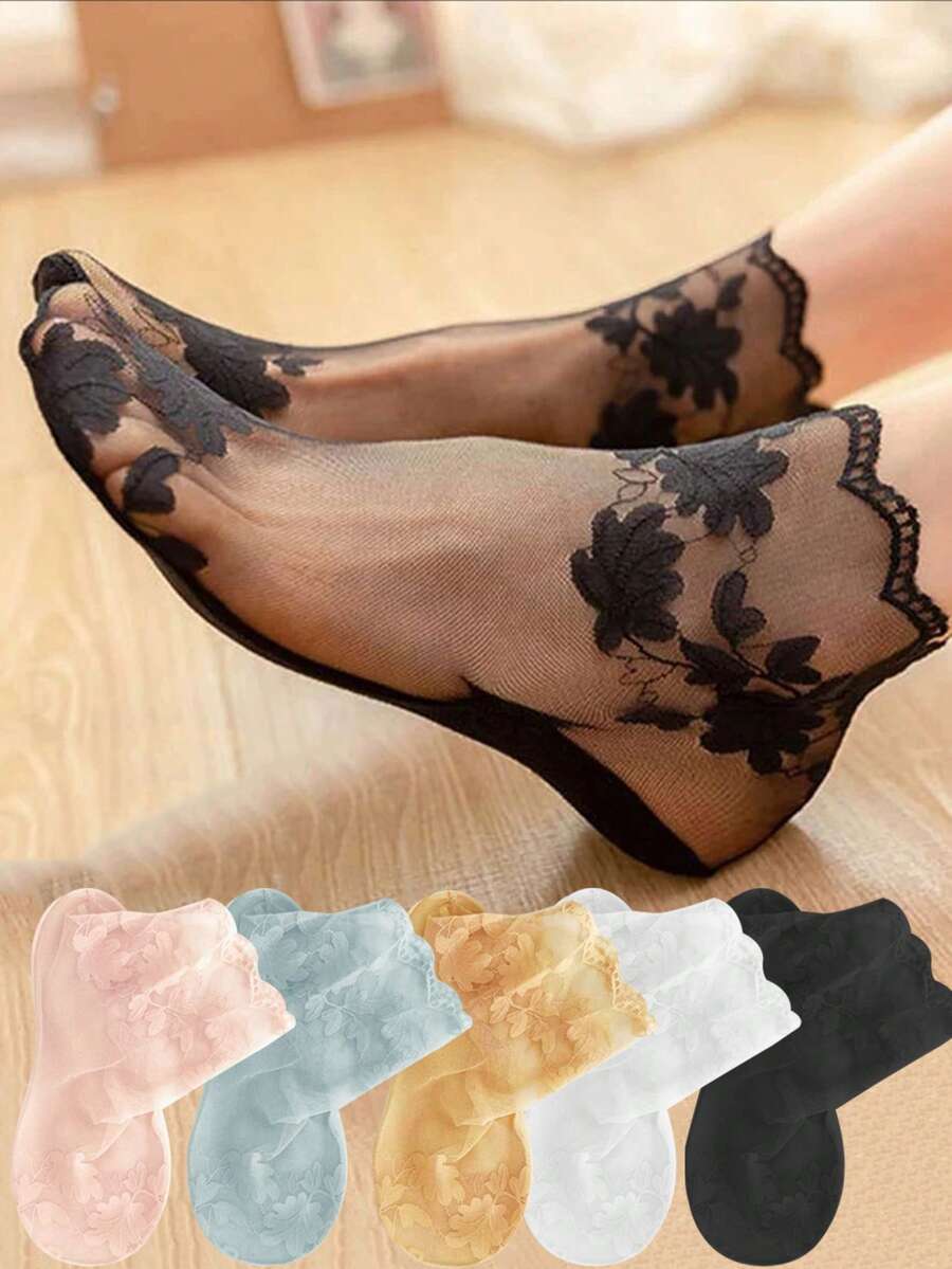 Vớ thuyền nữ màu trơn ren, vớ chống trượt dáng ngắn, quà tặng Giáng sinh. - Không khuôn - Xem 1