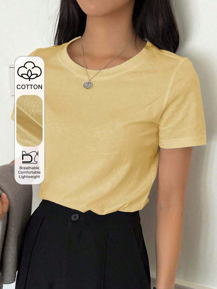 Valentine Outfits For Women2026DAZY Women's Solid Color Crew Neck Short Sleeve T-Shirtethiopian Dress Valentines Clothes - 黃色 - 查看 1