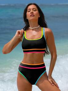 Bộ áo ngực thể thao và bikini phối màu, thích hợp cho kỳ nghỉ hè. - màu đen - Xem 5