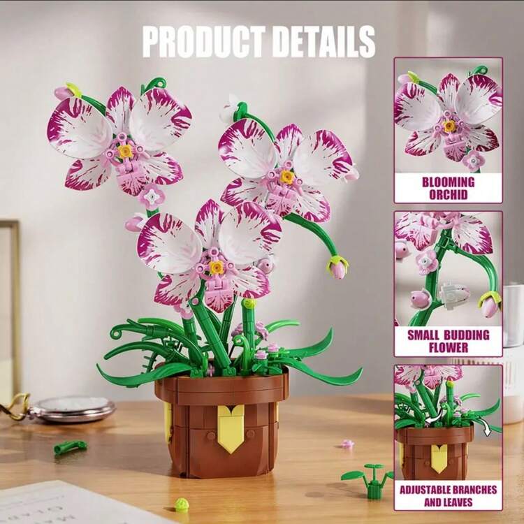 300+片兰花积木玩具模型，盆栽兰花拼装积木套装，装饰花卉积木，桌面摆件，家居装饰，情人节、感恩节、新年、圣诞节、生日礼物 - 彩色 - 查看 2