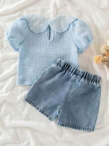 2pcs Baby Girls Floral Ruffle Collar Puff Sleeve T-Shirt And Denim Shorts Casual Versatile Outfit, Suitable For Daily Wear And Vacation - Dusty Blue - View 2