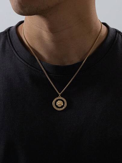 1件复古美式金属水钻圆形浮雕狮头吊坠项链，男士款，适合街头穿搭，情人节礼物（不含礼盒）