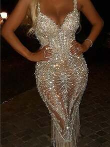 Women's Sparkly Rhinestone Fringe Maxi Dress Deep V Sleeveless Bodycon Party Gown - 金色 - 查看 2