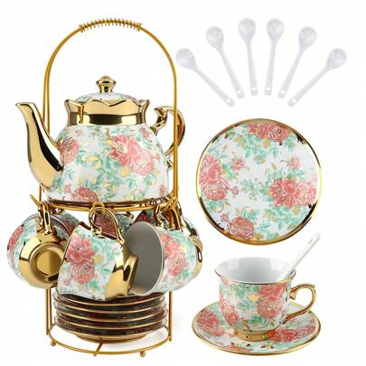 20-Piece Pink Porcelain Tea Set, Medium 16.9 Oz Floral Teapot With Metal Stand For Elegant Adult Tea Service (Wedding, Bridal Shower)