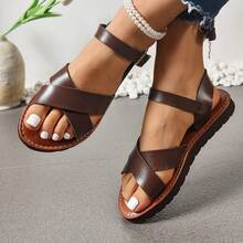 Dép đế bằng thời trang cỡ lớn mới mùa hè 2024 cho nữ, Dép đế bằng kiểu La Mã Hàn Quốc, Giày đi biển, Dép đế bằng hở mũi buộc dây kiểu cổ điển thoải mái - Cà phê nâu - Xem 7