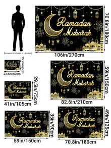 1 pezzo Arazzo di lusso nero e oro per il Ramadan, Arazzo Ramadan Mubarak, decorazione da parete islamica in poliestere con motivi di luna dorata, lanterna e moschea, sfondo festivo nero e oro, decorazione per il doppio festival del Ramadan e dell'Eid Al-Fitr, perfetto per casa, moschea e feste - oro nero - Visualizzare 3