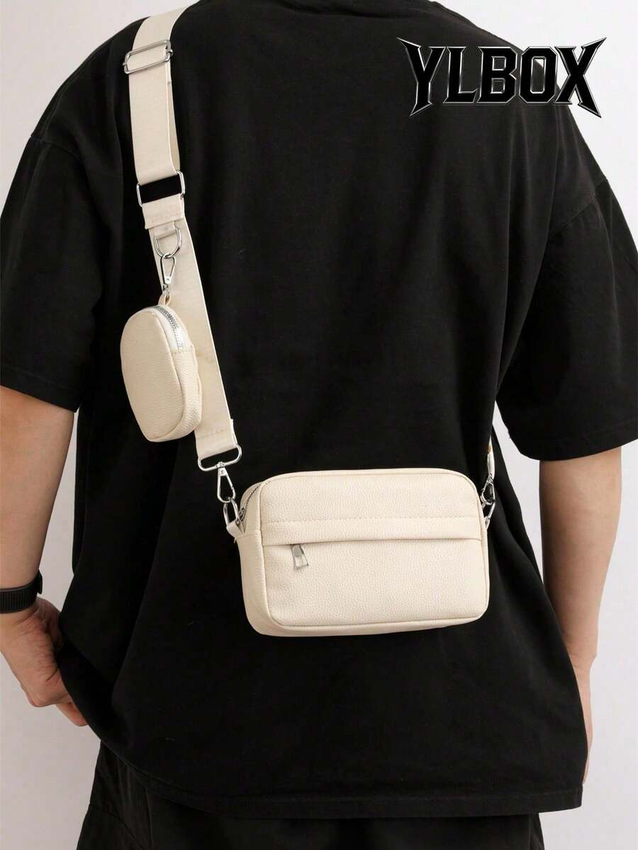 2 chiếc túi đeo chéo in hình đồng xu cổ điển, túi đeo vai mini phong cách retro dành cho nam, túi vuông nhiều khóa kéo hình học bằng da PU với dây đeo điều chỉnh được, thích hợp cho đi bộ đường dài, du lịch, hoạt động ngoài trời, kỳ nghỉ, quà tặng cho chồng, bạn trai - Màu Khaki - Xem 1