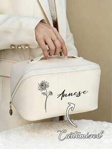 1PC Customized Women's Makeup Bag/Storage Bag With Customized Text And Month Flowers,Customized Waterproof PU Leather Cosmetic Bag, Large Capacity Dual Layer Makeup Bag With Compartments, Spacious Toiletry Bag With Divider, Makeup Organizer - Multicolor - View 4