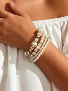 4pcs Set Elegant Vintage Style ABS Faux Pearl Beaded Bracelet Set, Suitable For Daily, Casual, Commute Wear, Valentine's Day & Birthday Gift - Silver - View 6