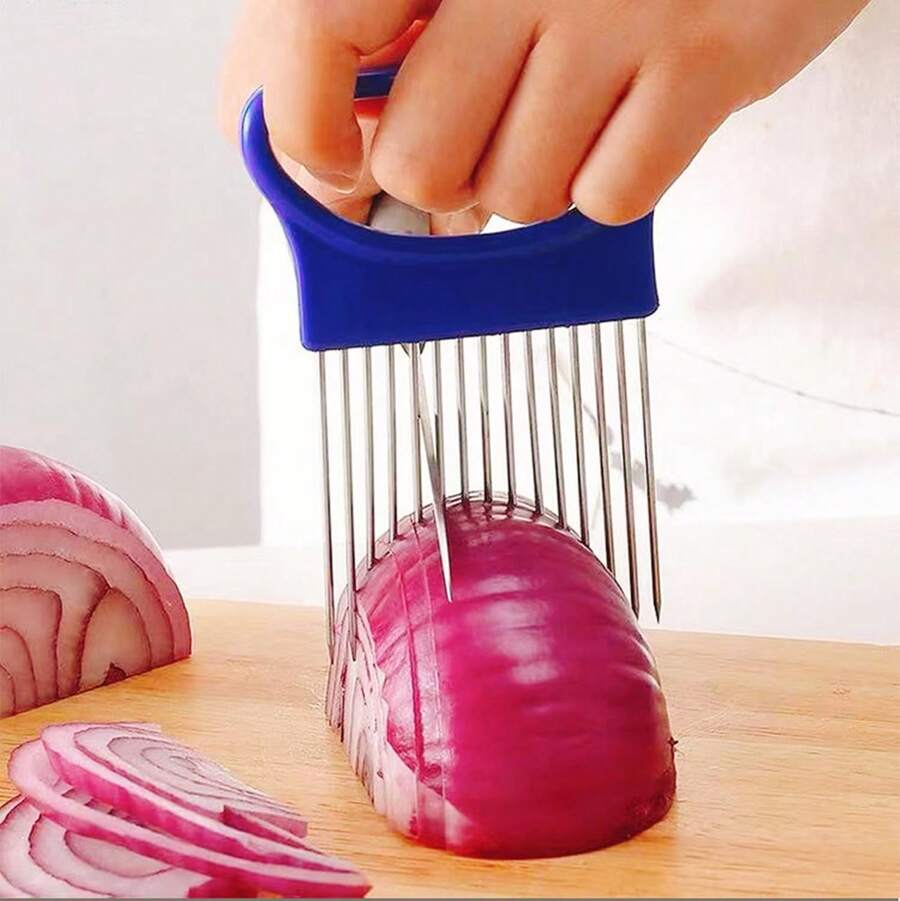 1Pc Stainless Steel Onion Holder For Slicing, Finger Guard & Food Slicing Assistant,  Vegetable Slicer Guide For Onions, Tomatoes, And Potatoes - 彩色 - 查看 1