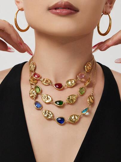 1pc Stainless Steel Multi-Color Edged Water Drop Glass Stone Necklace, Luxurious Jewelry, European And American Chic Style