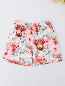 3 peças/Conjunto Pijama Casual e Fofo de Meninas com Estampa de Vaca das Terras Altas e Floral, Top de Manga Curta Gola Redonda, Shorts e Calça, Retardante de Chamas, Todas as Estações - Multicolorido - Visão 8