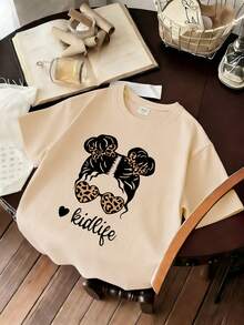 2pcs/Set Suitable For Tween Girls: 1pc Leopard Print Heart Graphic Round Neck Short Sleeve T-Shirt Paired With Black Casual Flare Pants. Very Suitable For Summer Wear, Can Be Worn For Shopping, Parties, Sports, Travel, School And Other Occasions, Also An Ideal Gift For Tween Girls. - Multicolor - View 5