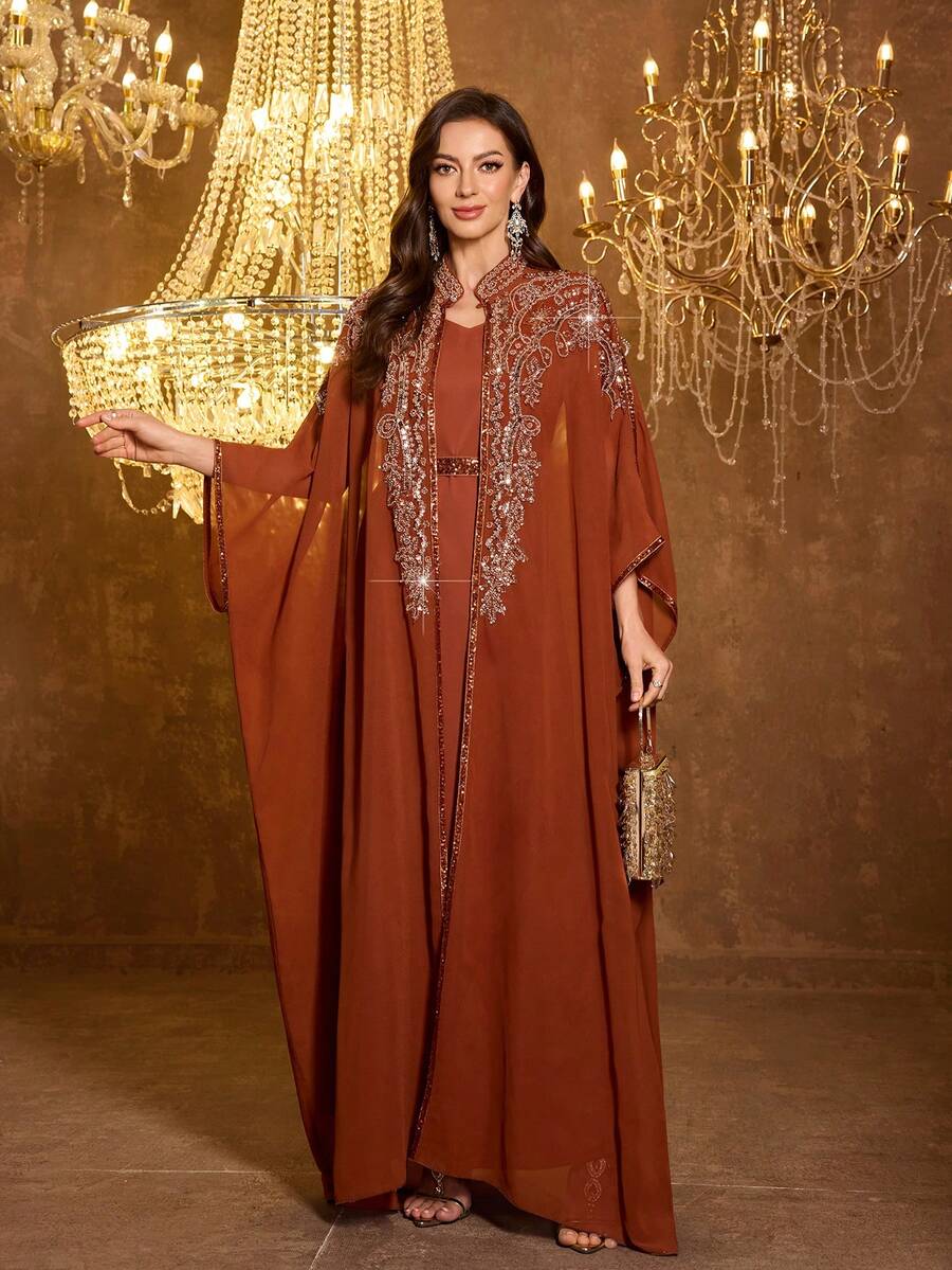 SUPGIR [随机印花] 女士长袖亮片拼接腰带晚礼服 - 橘色 - 查看 1