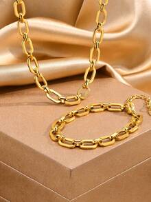 1 Set Fashionable Versatile Handmade Chain Design Stainless Steel Necklace + Bracelet Jewelry Set, Suitable For Holiday Gifts - Yellow Gold - View 9