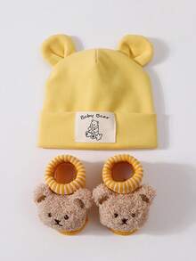 2 peças/Conjunto Chapéu Macio com Orelhas de Coelho + Meias de Urso de Pelúcia para Bebês de 0-12 Meses, Gorro Elástico para Bebês Recém-Nascidos, Conjunto Fofo para Uso Casual Diário Interno/Externo, Sessão de Fotos - 2 unidades - Visão 14