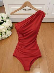 One-Shoulder Bodysuit In Supplex Fabric, Fits Sizes S To L, A Versatile Piece On  For 2026. - Red - View 3