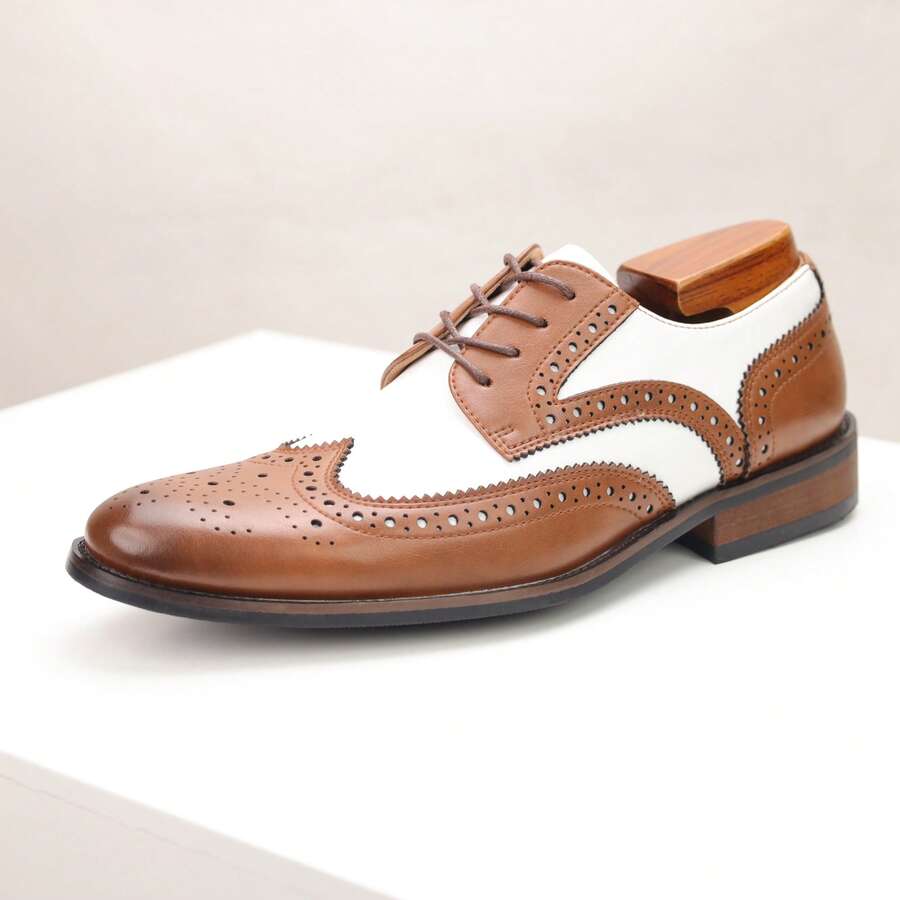 Classic Retro Men's Genuine Leather Business Casual Shoes, Comfortable And Versatile Formal Wear Men's Derby Shoes, Block Carved Lace Up Color Blocked Men's Leather Shoes - 棕白色 - 查看 1