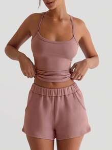 XLLAIS Top deportivo de tirantes cruzados elásticos de unicolor minimalista para mujer, casual de verano - Ver 5