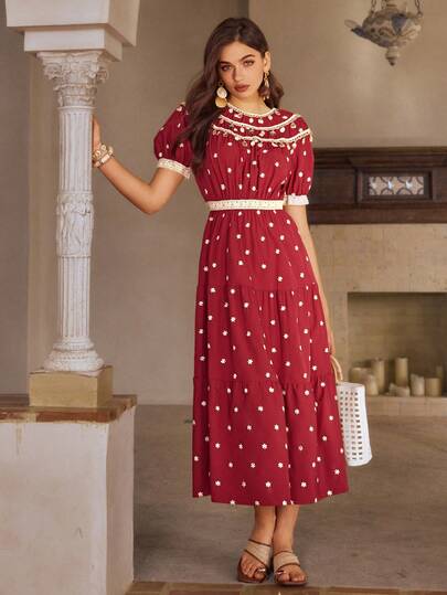 Simplee Women's Elegant Red Long Dress With Puff Sleeves, Spring/Summer, Featuring Intricate Embroidery Details, A-Line Silhouette, Faux Shell Trim, Suitable For Valentine's Day, Vacation, Party