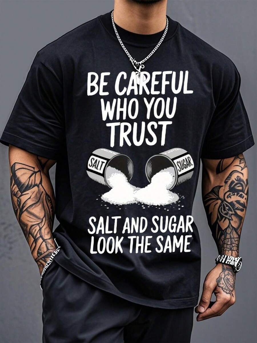Men's Plus Size "Beware Of Friends" Printed Black T-Shirt - Featuring A Cool Design Of Salt And Sugar Shakers Sprinkled With White Powder, Ideal For Tattoo Enthusiasts' Casual Outfits - 黑色 - 查看 1