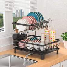 Abtropfgestell mit Drainageplatte, Doppelschichtiger Abtropfgestell Geschirr, Geschirrabtropfgestell mit Besteck- und Becherhalter - Schwarz - Übersicht 9
